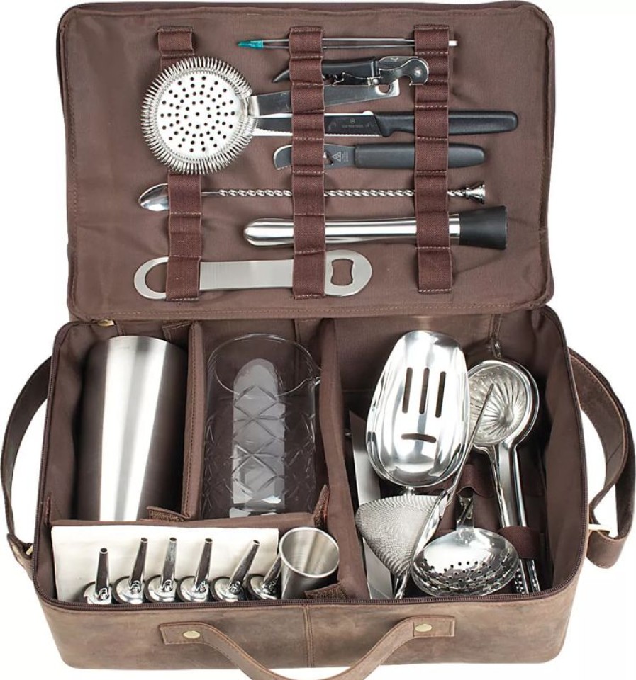 Barzubehor Barstuff Cocktail Sets | Bartasche Aus Leder, Braun, Prime Bar - Mit Barzubehu00F6R (Deluxe)